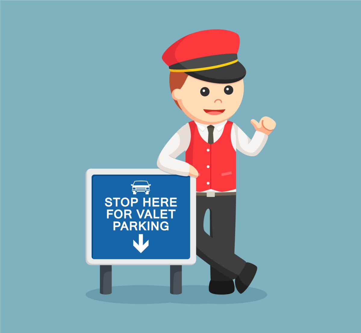 Parkovací služba s obsluhou v akci: Zaměstnanci před nápisem Animovaný zaměstnanec obsluhy parkoviště před značkou obsluhy parkoviště