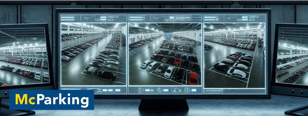 3 monitory na stole s živým obrazem z bezpečnostních kamer