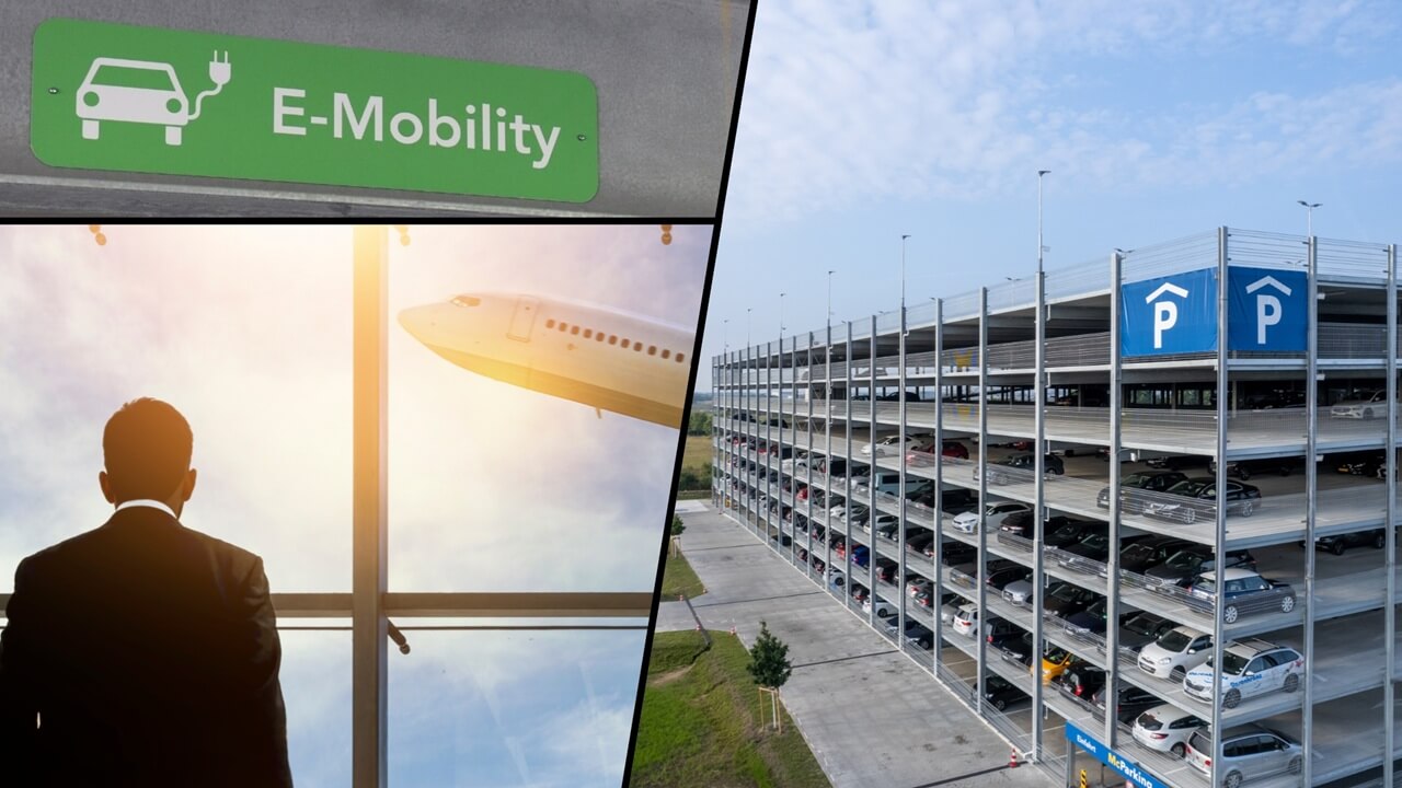 Koláž obrázků se zelenou značkou elektromobility v levém horním rohu, mužem v obleku v levém dolním rohu, který sleduje vzlétající letadlo se slunečními paprsky v pozadí, a největším parkovištěm v Berlíně s kyvadlovou dopravou od společnosti McParking a modrou oblohou na pravé straně.