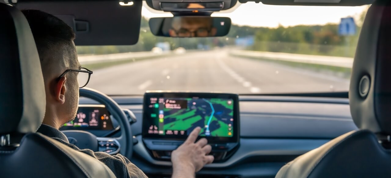 Muž řídí auto na prázdné dálnici a používá navigační systém na velkém dotykovém displeji ve středové konzole.