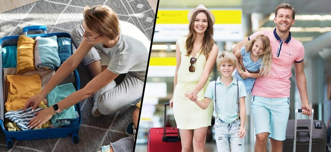 Links: Frau packt sorgfältig einen Koffer mit Kleidung. Rechts: Glückliche Familie mit zwei Kindern am Flughafen, bereit für die Reise.