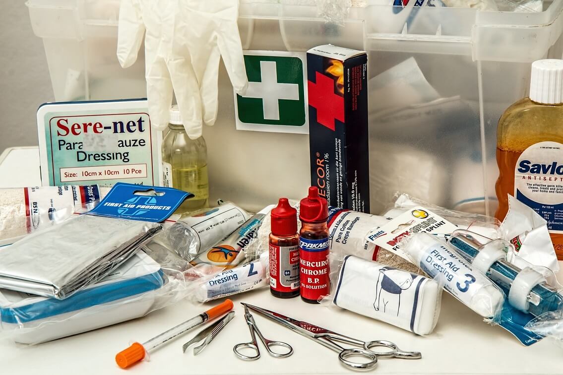 First aid kit - gloves, bandages, scissors, pain gel and disinfectant.