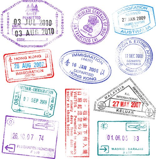 Stamps from various countries in the passport