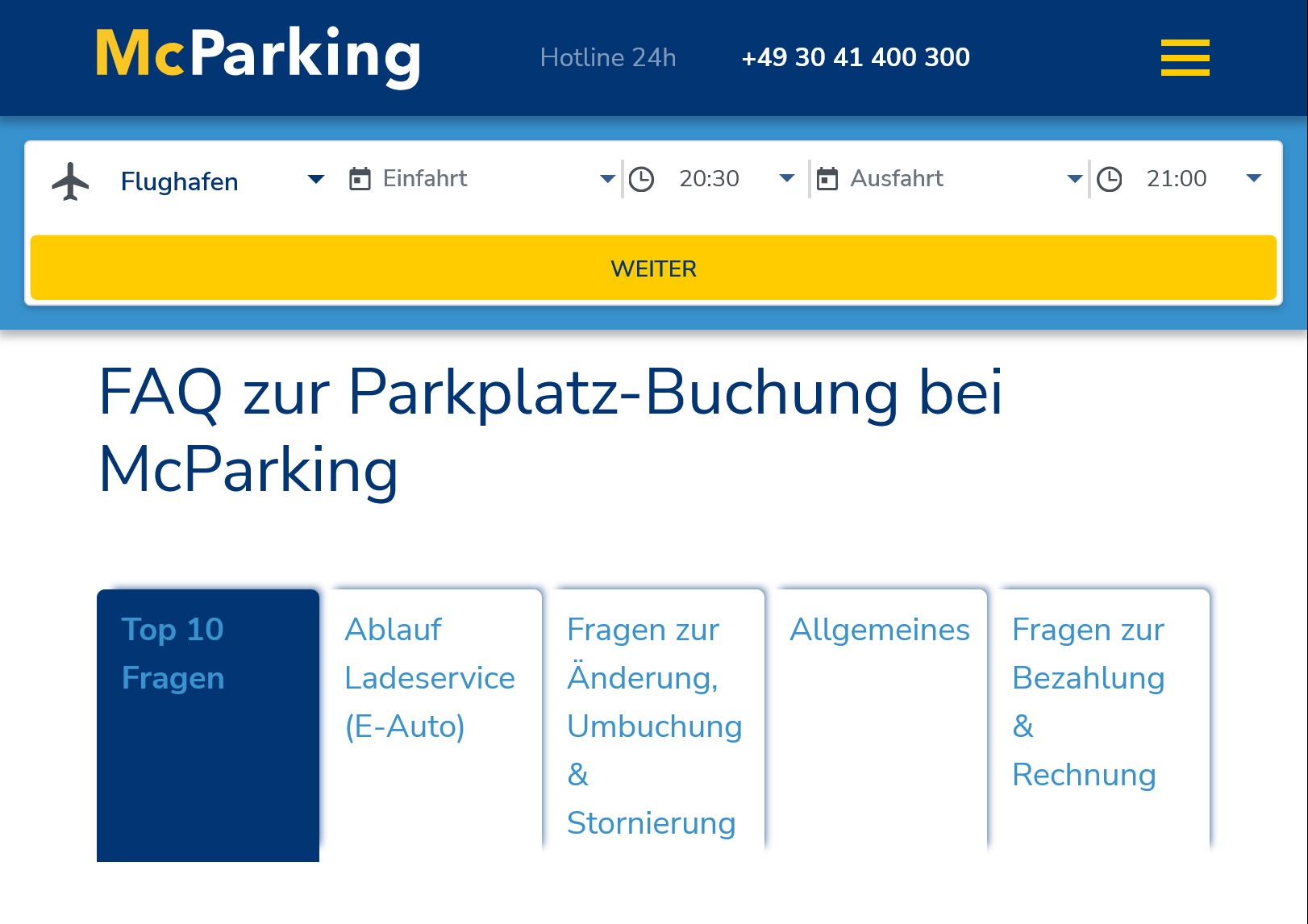 Ein Bildausschnitt von den McParking FAQs