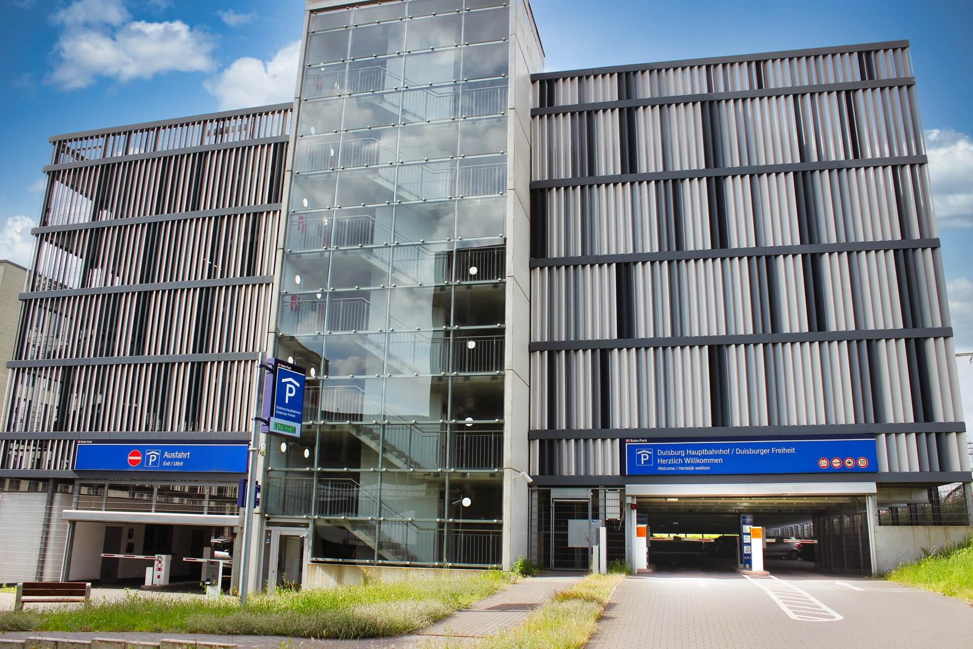 The entrance to the DB BahnPark multi-storey car park at Duisburg main station