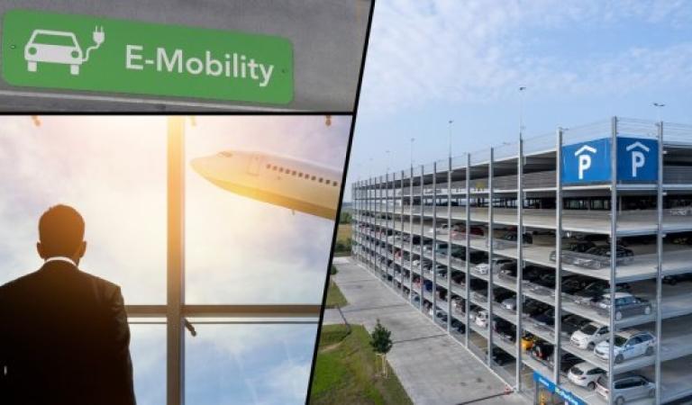 Zelená značka e-mobility, muž v obleku, letadlo, parkoviště McParking