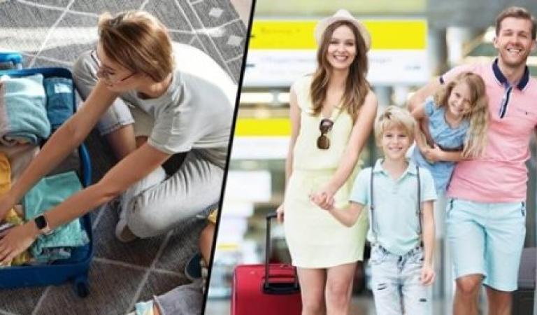 Vlevo: Vlevo: žena balí kufr. Vpravo: Rodina připravená na cestu. - Angličtina